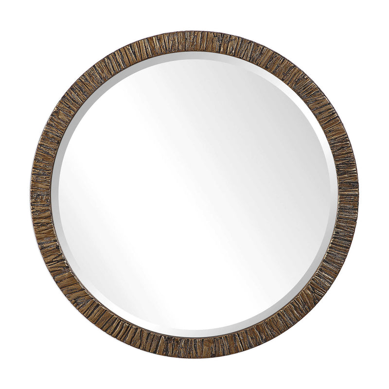 Uttermost Wayde gold bark round wall mirror with textured frame, decorative gold finish, and reflective glass.