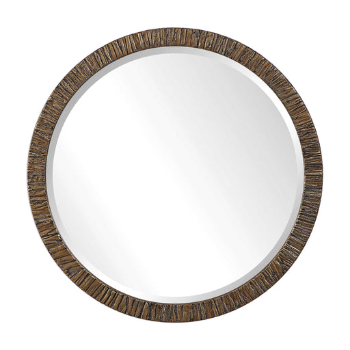 Uttermost Wayde gold bark round wall mirror with textured frame, decorative gold finish, and reflective glass.