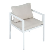 Set of two Noble House all-weather outdoor dining chairs with metal frames and comfortable cushions, ideal for patio dining.