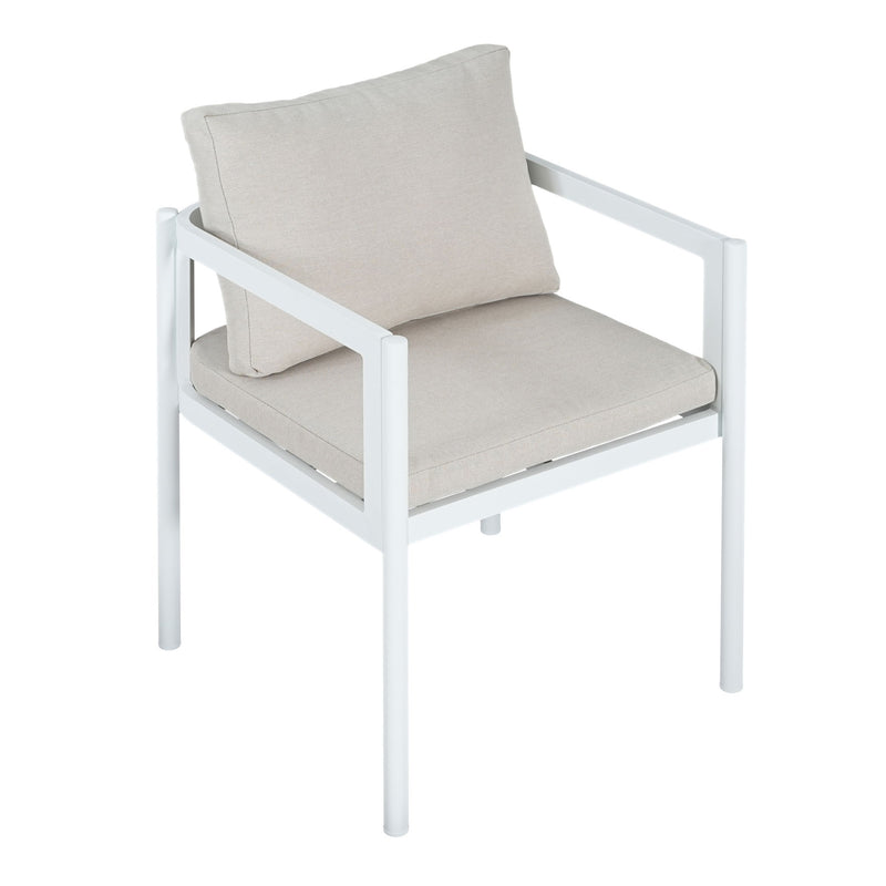 Set of two Noble House all-weather outdoor dining chairs with metal frames and comfortable cushions, ideal for patio dining.