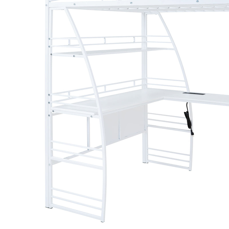 Loft Bed With 4 Layers Of Shelves And L-Shaped Desk, Stylish Metal Frame Bed With A Set Of Sockets, USB Ports And And Wireless Charging - R&R Furniture Gallery (Fountain Valley, CA)