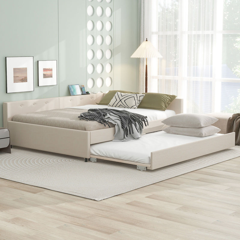 Queen Size Upholstered Platform Bed With USB And Twin Trundle - Beige - R&R Furniture Gallery (Fountain Valley, CA)