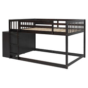 DreamHaus bunk bed with built-in four drawers and three shelves, featuring sturdy wood construction and space-saving design.