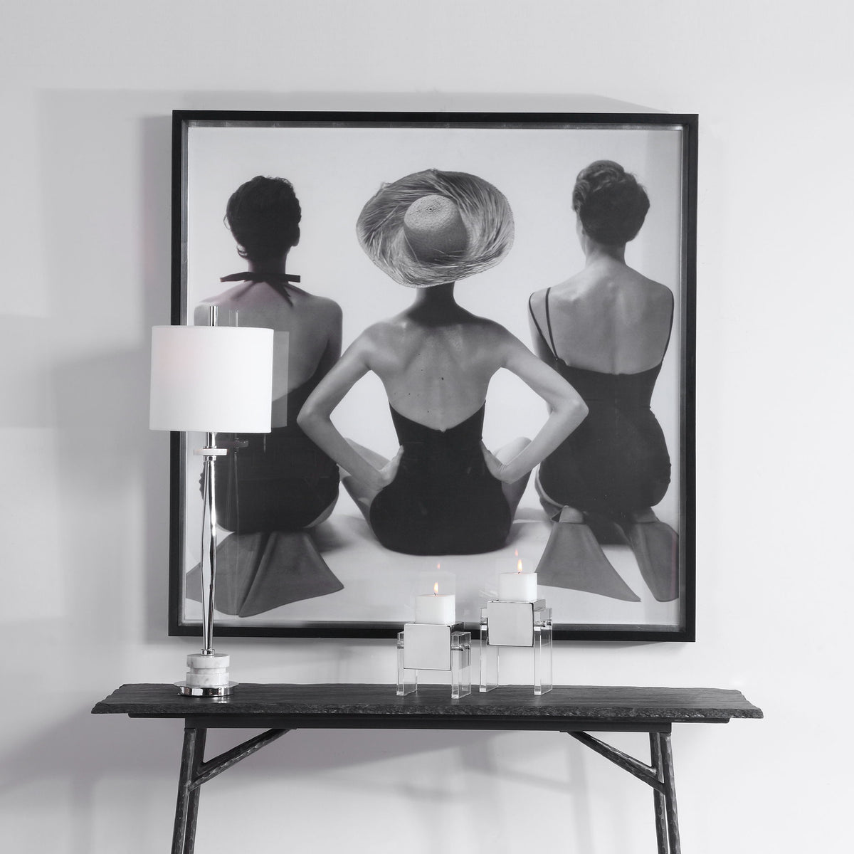 Framed print of 1959 ladies' swimwear fashion illustration in black, by Uttermost, showcasing vintage swimsuit design artwork.