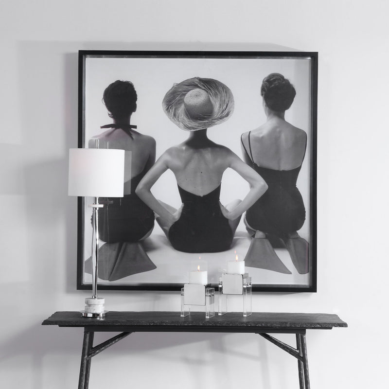 Framed print of 1959 ladies' swimwear fashion illustration in black, by Uttermost, showcasing vintage swimsuit design artwork.