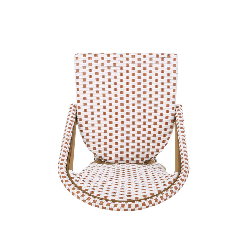 Set of Noble House outdoor rattan and aluminum French bistro chairs with woven seats and curved backs, perfect for patio dining.