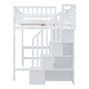 DreamHaus loft bed with integrated bookshelf, drawers, desk, and wardrobe in a modern children's bedroom setting.