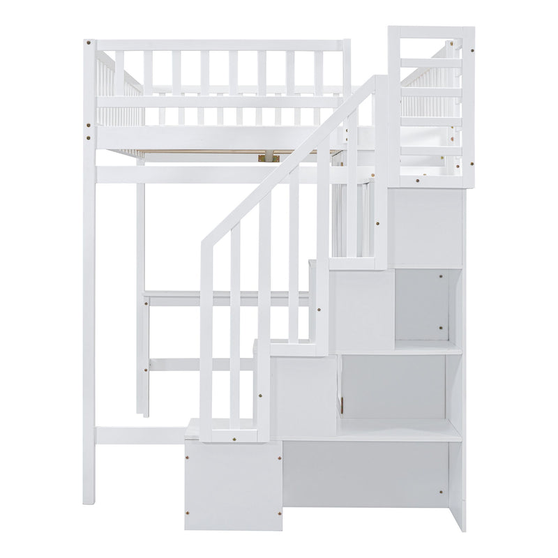 DreamHaus loft bed with integrated bookshelf, drawers, desk, and wardrobe in a modern children's bedroom setting.