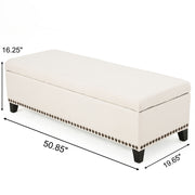 Beige upholstered storage ottoman with nailhead trim by Noble House, showing a soft fabric and elegant nailhead detailing.