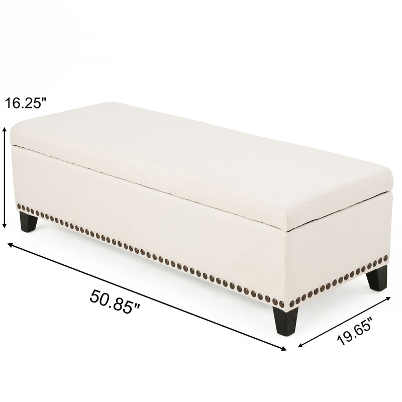 Beige upholstered storage ottoman with nailhead trim by Noble House, showing a soft fabric and elegant nailhead detailing.
