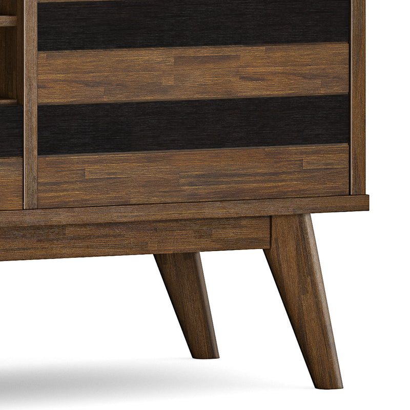 Brown Simpli-Home Clarkson sideboard with storage, featuring a sleek, modern design and multiple compartments.