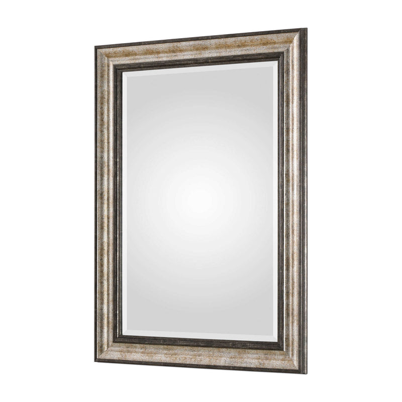 Uttermost Shefford wall mirror with antiqued silver finish, decorative frame, and classic design for elegant wall décor.
