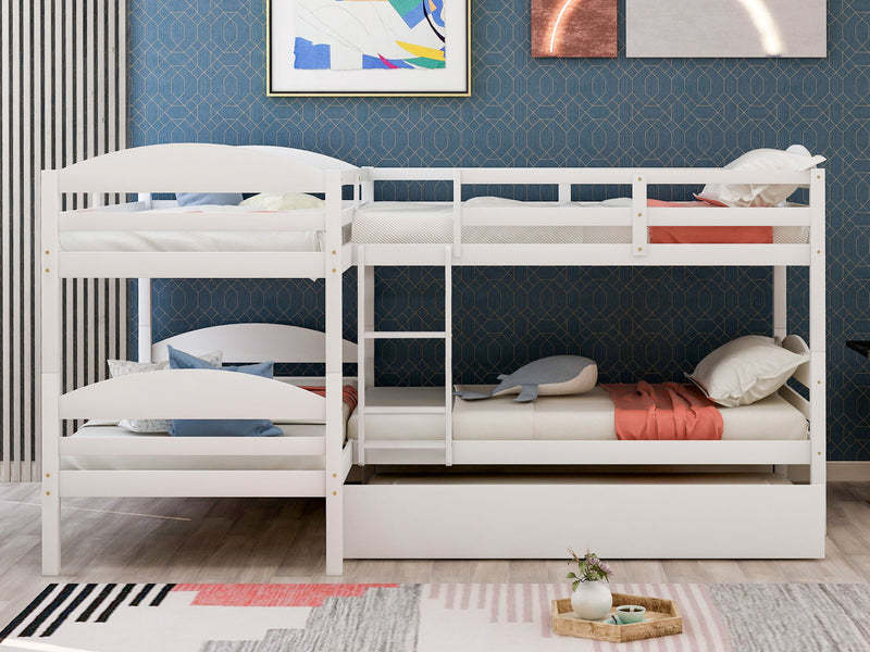 White twin L-shaped bunk bed with trundle from DreamHaus, featuring sturdy wood frame and space-saving design.
