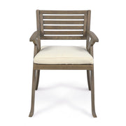 Set of two Noble House Helen outdoor acacia wood dining chairs in gray and creme with slatted backs and armrests.