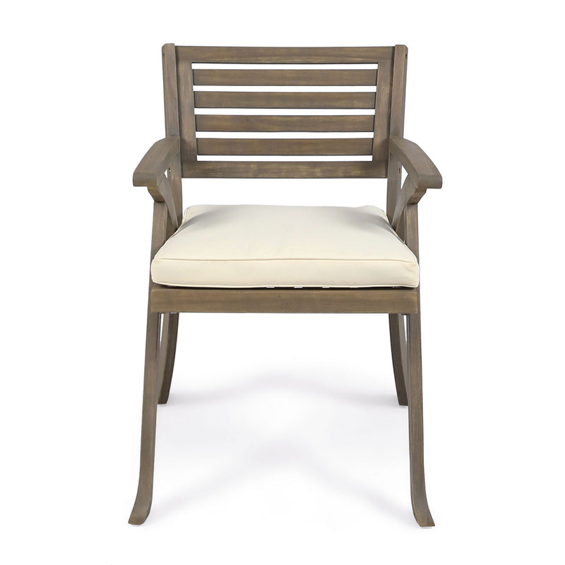 Set of two Noble House Helen outdoor acacia wood dining chairs in gray and creme with slatted backs and armrests.
