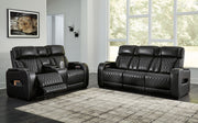 Black Boyington 2-piece power reclining sofa and loveseat set by Signature Design by Ashley, with plush cushions and reclining features.