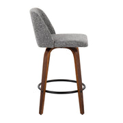 Set of two Lumi Source Toriano Mid Century Modern counter stools with wooden legs and upholstered seats.