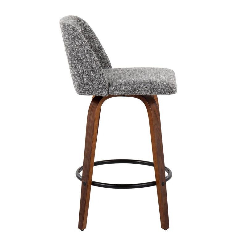 Set of two Lumi Source Toriano Mid Century Modern counter stools with wooden legs and upholstered seats.