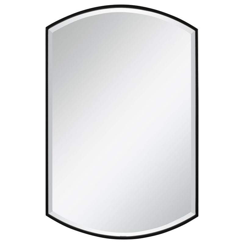Black shield-shaped iron wall mirror with a bold, modern design, perfect for contemporary home decor by Uttermost.