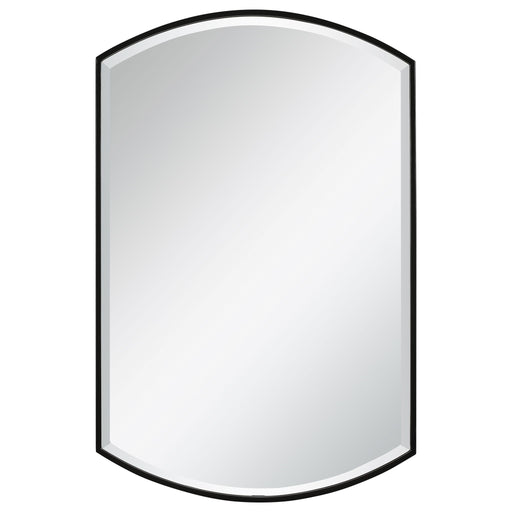 Black shield-shaped iron wall mirror with a bold, modern design, perfect for contemporary home decor by Uttermost.