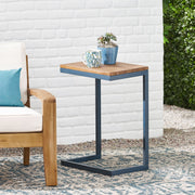 Noble House C-shaped end table with iron base and fir wood top, designed as a stylish chair side table with modern craftsmanship.