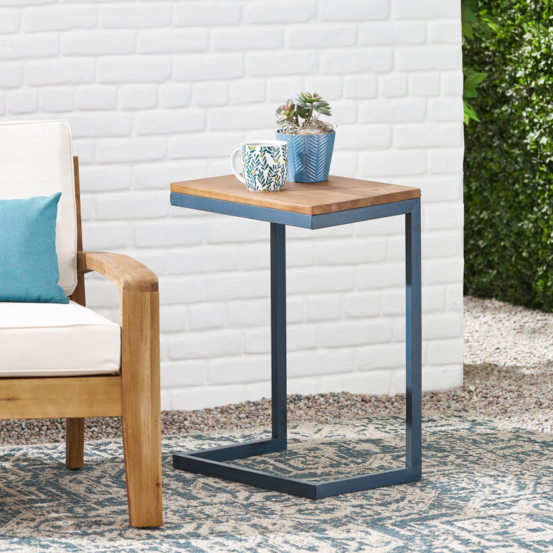 Noble House C-shaped end table with iron base and fir wood top, designed as a stylish chair side table with modern craftsmanship.