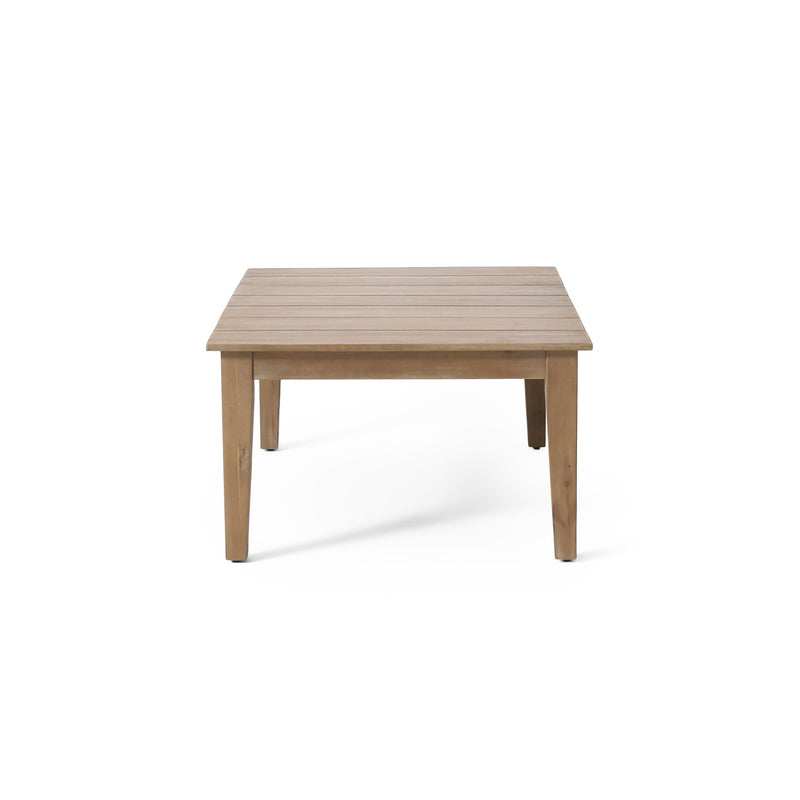 Noble House outdoor coffee table with light brown slat panel top, sturdy wooden design for patio or garden use.
