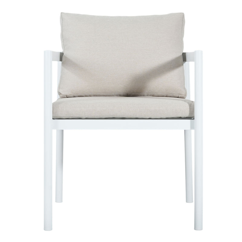Two Noble House all-weather outdoor dining chairs with metal frames and woven seats, ideal for patio or garden seating.