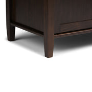 Handcrafted Warm Shaker entryway storage bench by Simpli-Home with wooden finish and cushioned seat for seating and organization.