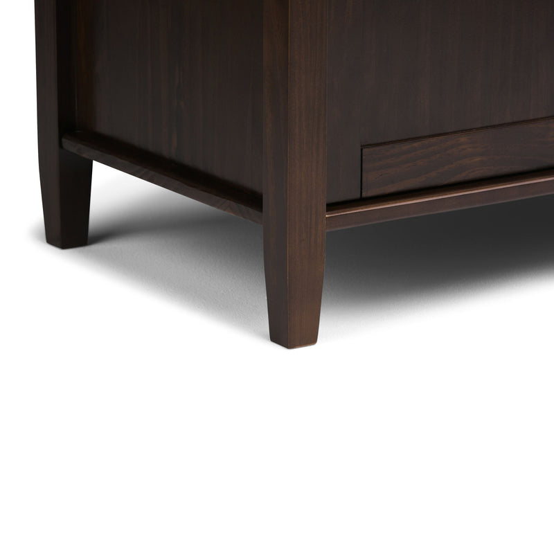 Handcrafted Warm Shaker entryway storage bench by Simpli-Home with wooden finish and cushioned seat for seating and organization.