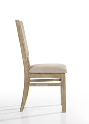 Pair of Lilola Home Brutus wide dining chairs in reclaimed wheat wood, showcasing sturdy wooden seats and backrests.