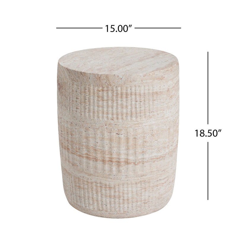 Noble House beige concrete side table with travertine top, suitable for outdoor or indoor use, lightweight and stylish.