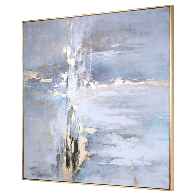 Abstract blue canvas art by Uttermost, titled "Road Less Traveled," featuring modern, textured design on a rectangular canvas.