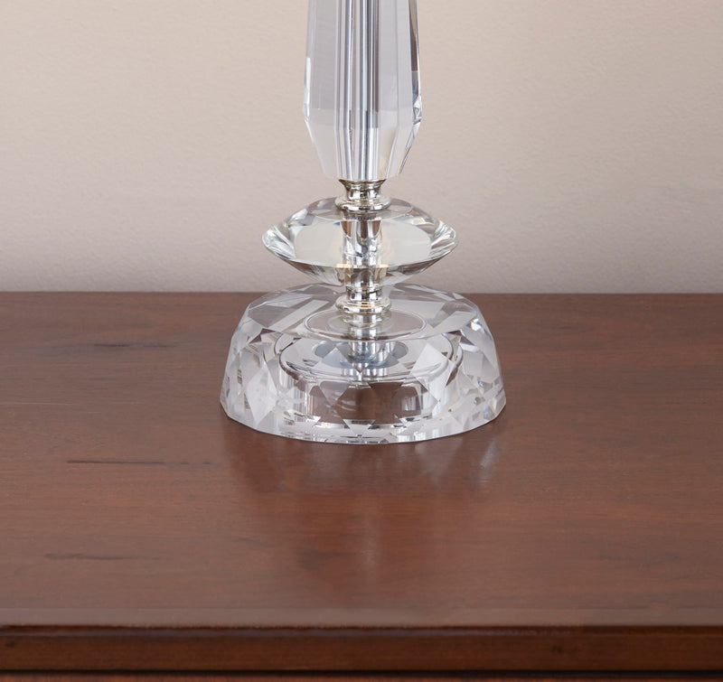 Lumi Source Karat contemporary crystal table lamp set with clear crystal, chrome finish, and white softback shades on a modern surface.