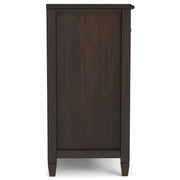 Simpli-Home Connaught vintage sideboard with glass-front cabinets and six drawers, ideal for dining room storage and display.