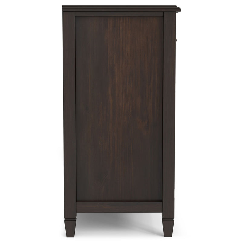 Simpli-Home Connaught vintage sideboard with glass-front cabinets and six drawers, ideal for dining room storage and display.
