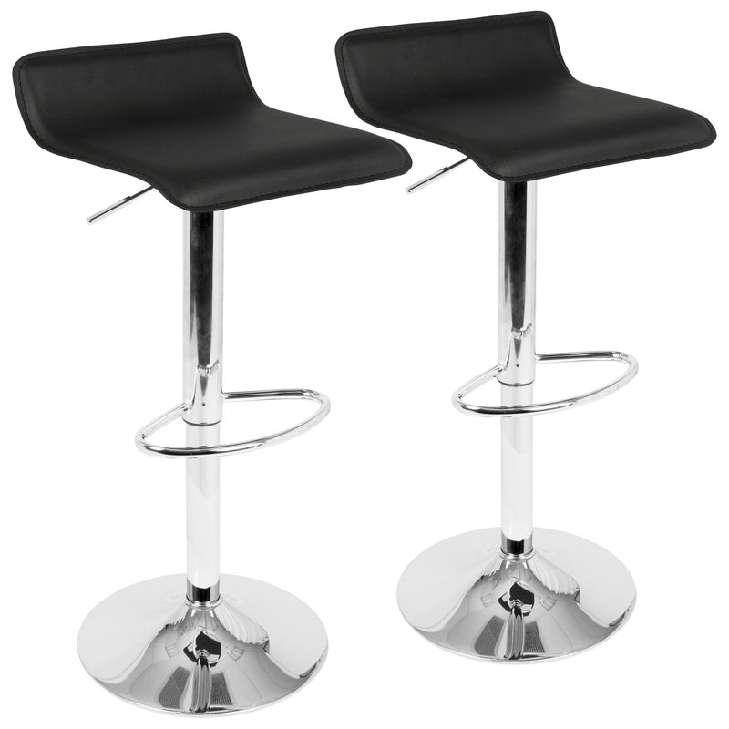 Two Lumi Source Ale contemporary adjustable barstools with sleek design and wooden seats, set against a modern background.