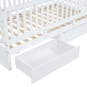 DreamHaus storage daybed with fence guardrails, two drawers, and split design for independent floor bed and daybed setup.
