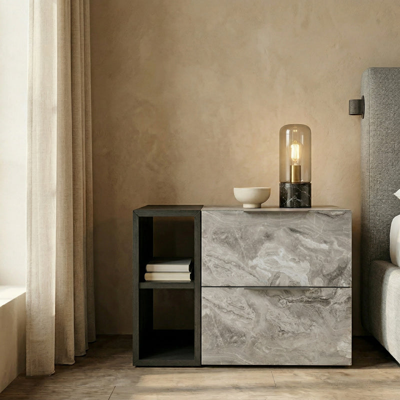 Maranello - Modern Grey Wash & Faux Marble Nightstand — view 4