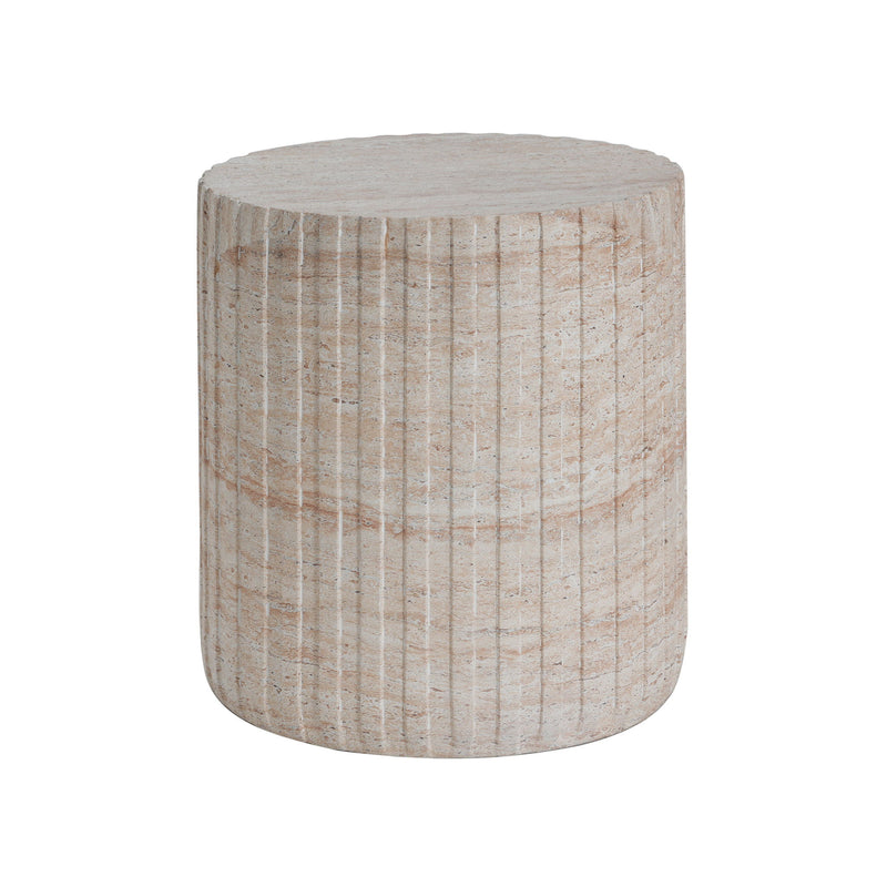 Beige lightweight concrete side table with travertine top, suitable for outdoor or indoor use, by Noble House.