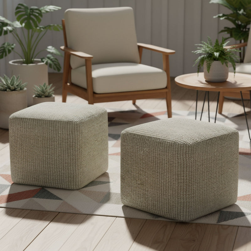 Zelma - Square Woven Outdoor / Indoor Pouf - Cream / Natural - R&R Furniture Gallery (Fountain Valley, CA)