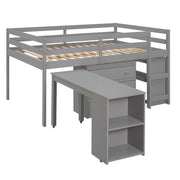 DreamHaus loft low study bed with built-in cabinet, shelves, and rolling desk, featuring a compact multi-function design.
