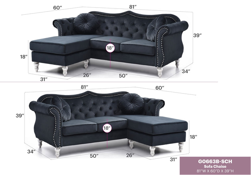 Glory Furniture Hollywood sofa chaise in a stationary sectional with plush cushions and modern design, perfect for living room seating.