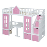 DreamHaus twin over twin bunk bed with changeable table, featuring upper bed and down desk for versatile space-saving sleeping and study area.