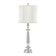 Set of two Lumi Source Karat contemporary crystal table lamps with clear crystal, chrome accents, and white softback shades.