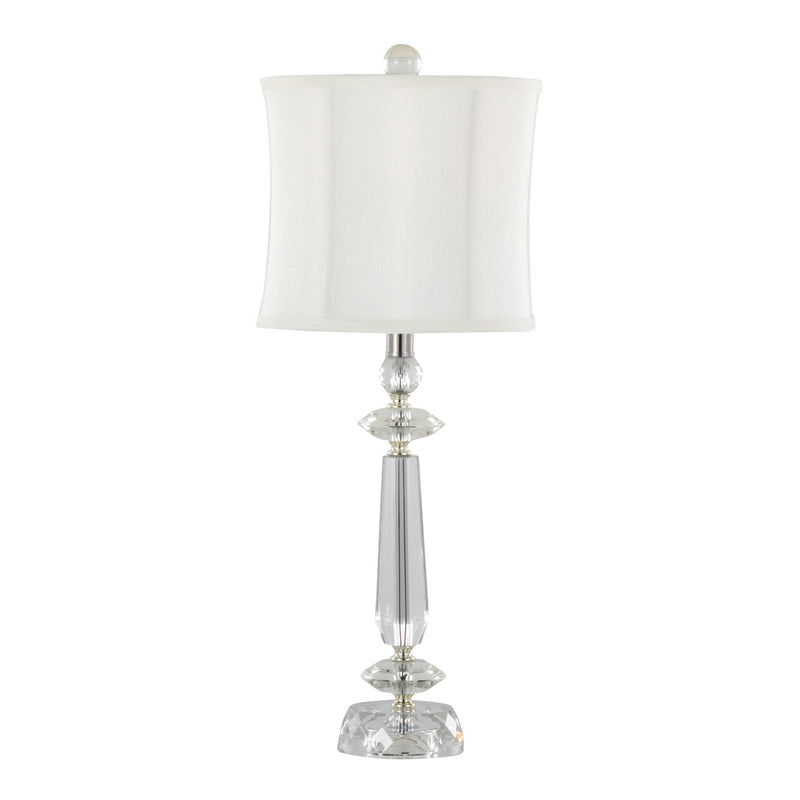 Set of two Lumi Source Karat contemporary crystal table lamps with clear crystal, chrome accents, and white softback shades.
