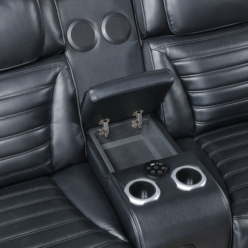 Ephron - Power Motion Loveseat With Console, Power Headrests, LED & Speakers - Black - R&R Furniture Gallery (Fountain Valley, CA)
