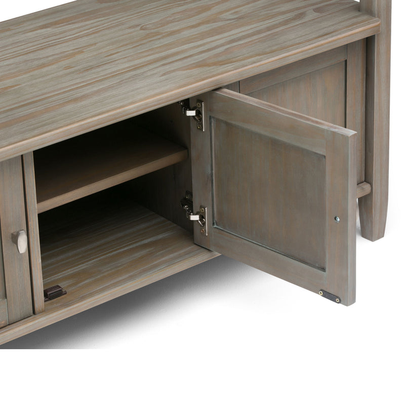 Handcrafted Warm Shaker entryway storage bench by Simpli-Home with wooden finish and cushioned seat for seating and organization.