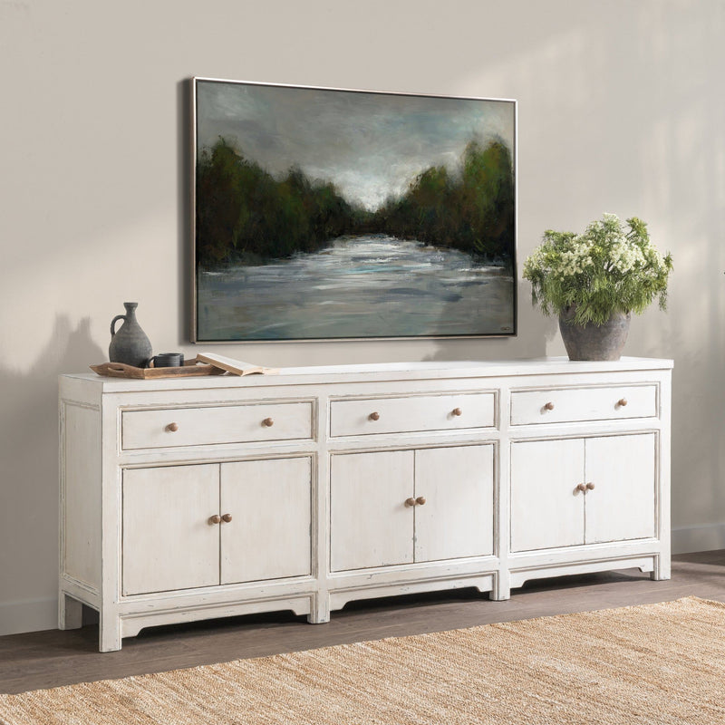 Classic Home Winford 3-drawer, 6-door buffet cabinet with wooden finish and modern design for storage and decor.