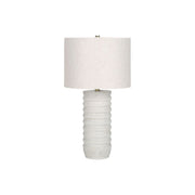 Cream resin transitional table lamp with a modern design, featuring a sleek base and fabric shade, by 8th Street.